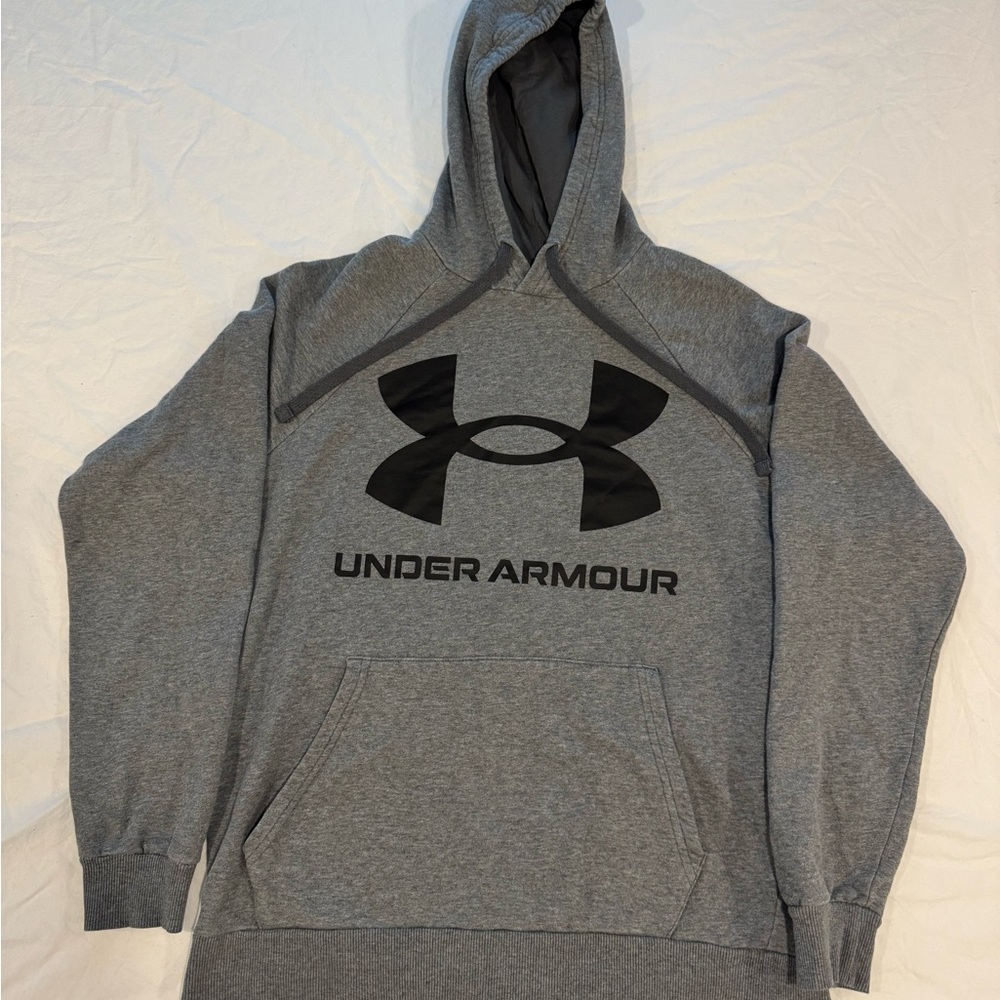Under Armour Men’s Hoodie Medium Gray Pullover Logo Loose Fit Fleece Lined